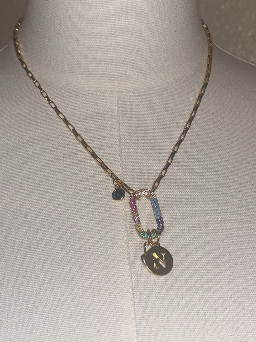 Gold Initial 'N' Charm Necklace with Multicolor CZ Loop, Heart & Green stone - Picture 2 of 5